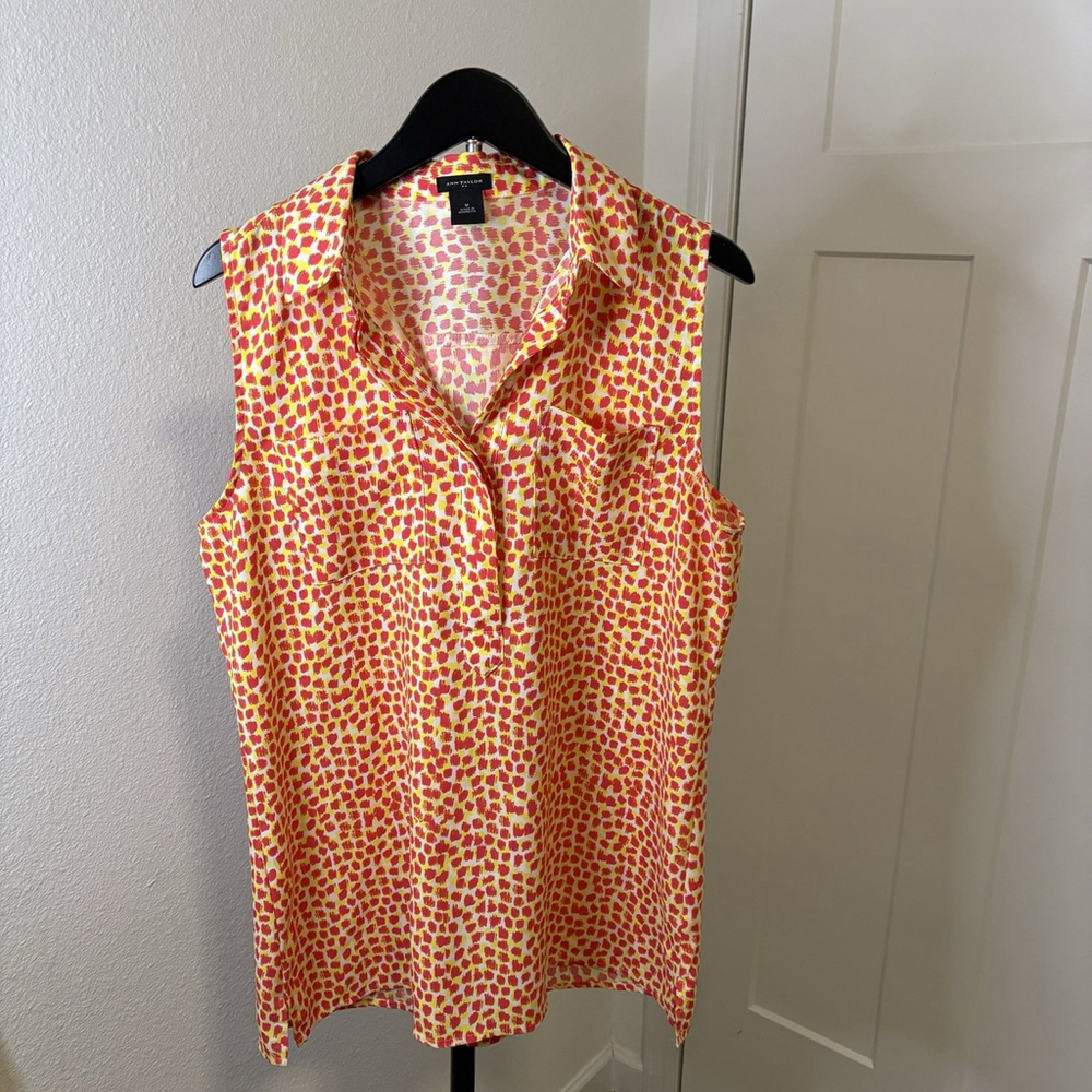 Ann Taylor Womens Medium Sleeveless Button Down Blouse Red Yellow Abstract Print